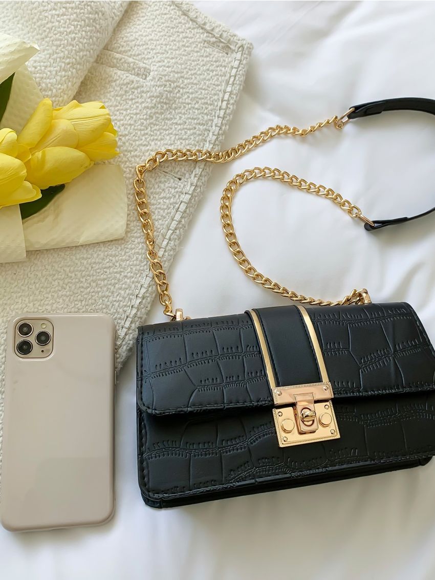 Crocodile Embossed Chain Flap Square Bag
