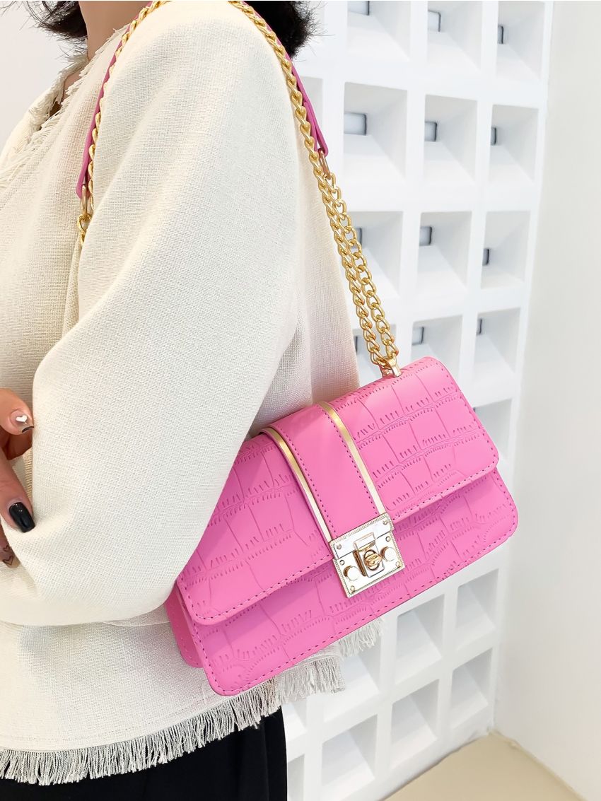 Crocodile Embossed Chain Flap Square Bag