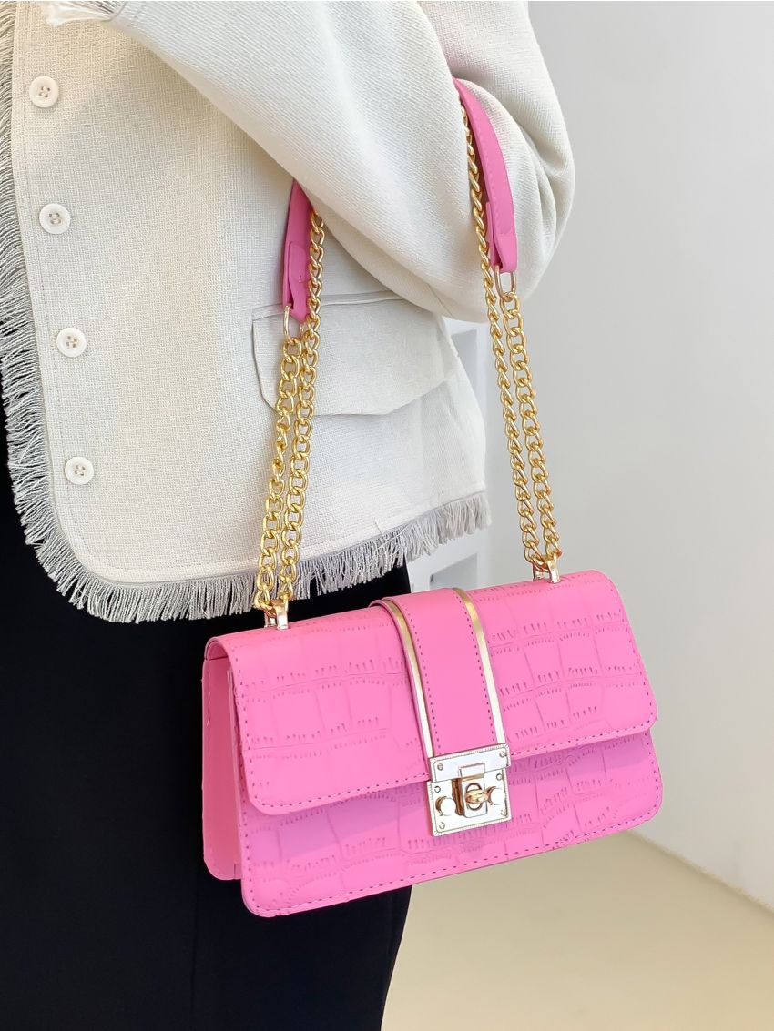 Crocodile Embossed Chain Flap Square Bag