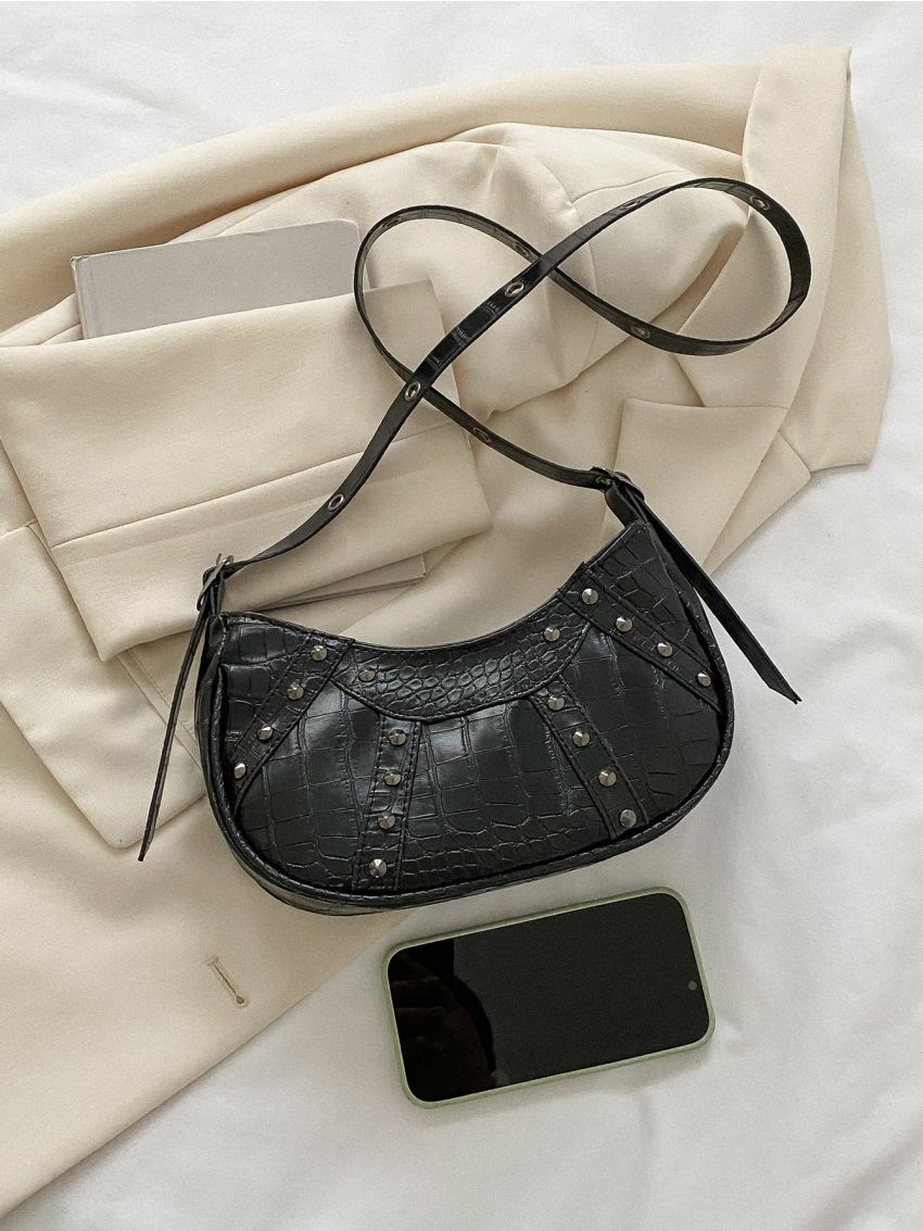 Y2K Crocodile Embossed Pattern Underarm Bag, Trendy Studded Decor Crossbody Bag, Women's Small Crescent Bag,Hobo Bag