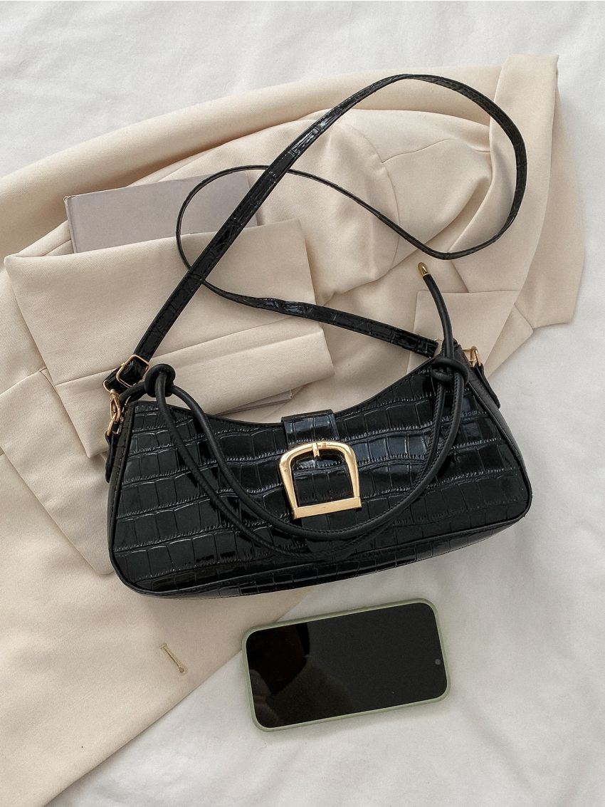 Crocodile Embossed Buckle Decor Baguette Bag