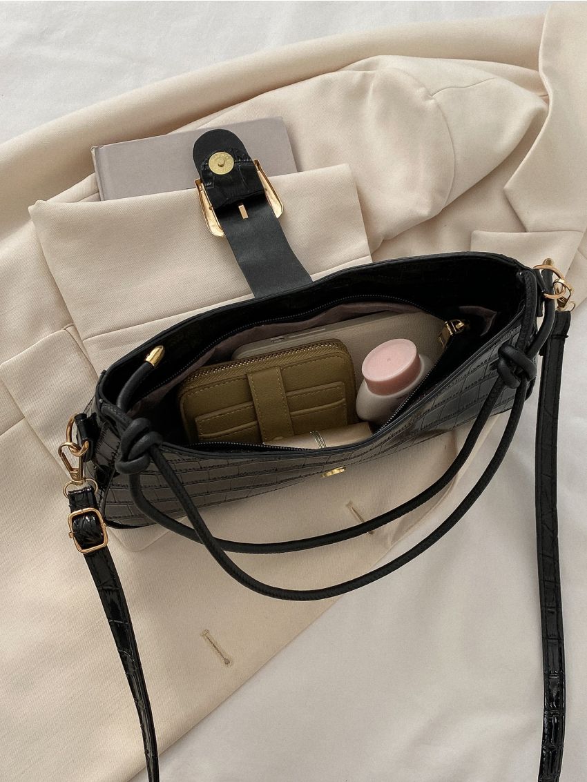 Crocodile Embossed Buckle Decor Baguette Bag