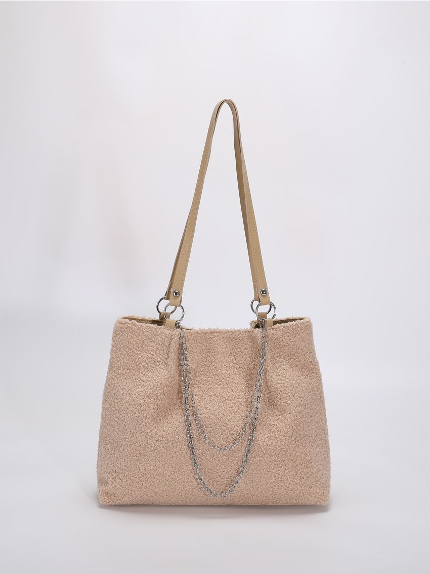 Chain Decor Fuzzy Shoulder Tote Bag