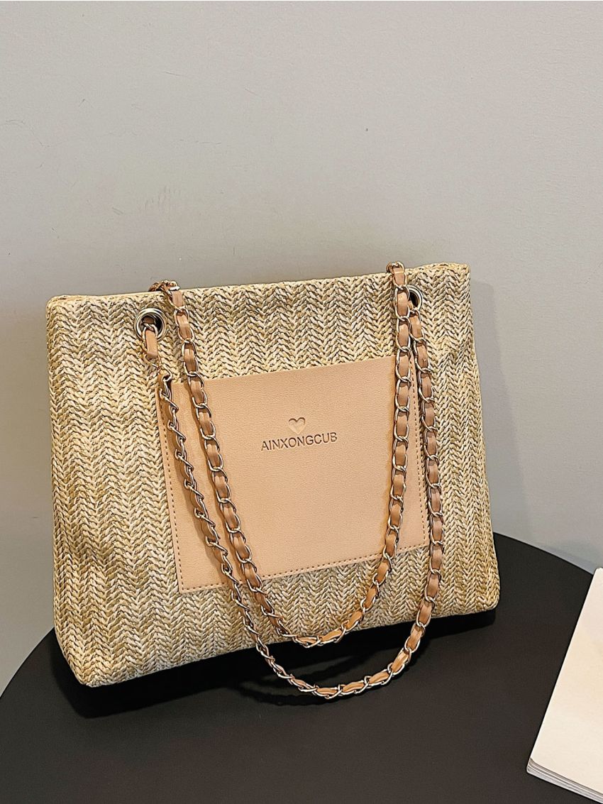 Colorblock Letter Print Grommet Eyelet Straw Bag