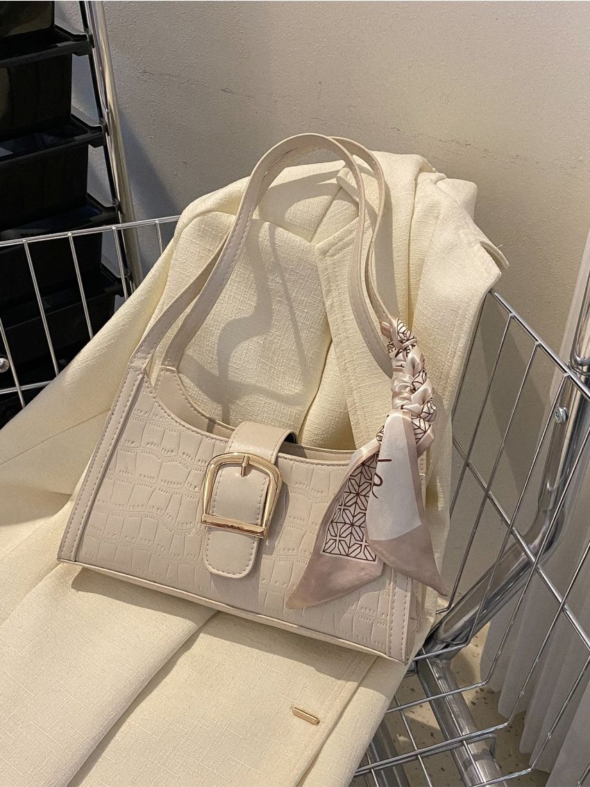 Crocodile Embossed Random Pattern Twilly Scarf Decor Baguette Bag