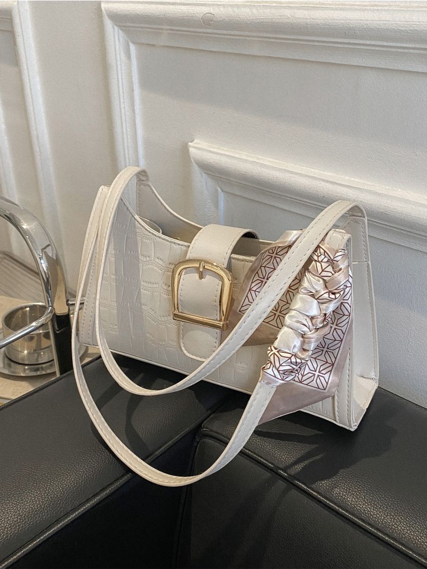 Crocodile Embossed Twilly Scarf Decor Baguette Bag