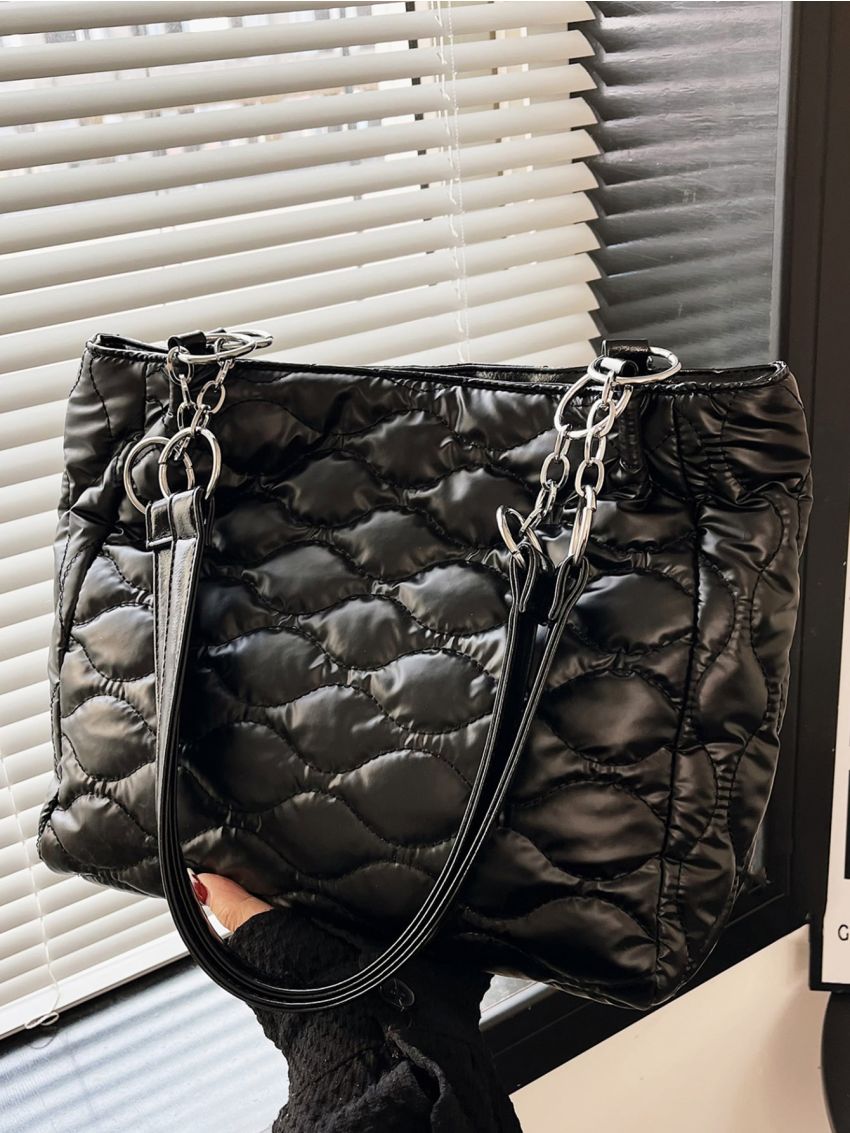 Quilted Detail Chain Decor Shoulder Tote Bag