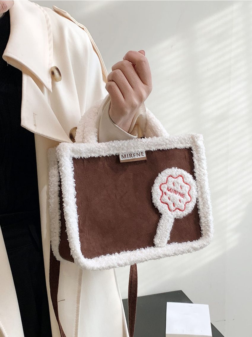 Lollipop Decor Fuzzy Trim Double Handle Square Bag