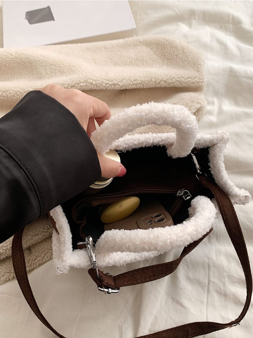 Lollipop Decor Fuzzy Trim Double Handle Square Bag