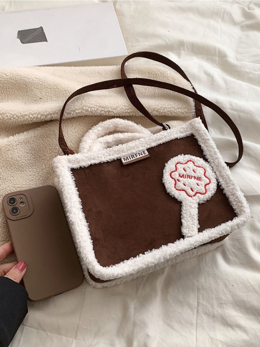 Lollipop Decor Fuzzy Trim Double Handle Square Bag