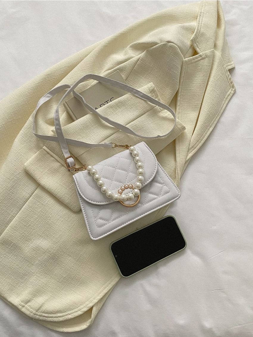 Mini Quilted Faux Pearl Decor Flap Square Bag
