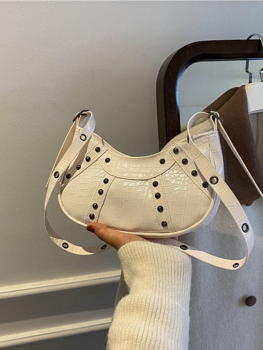 Crocodile Embossed Studded Decor Hobo Bag