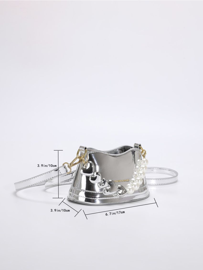Mini Metallic Heart & Faux Pearl Decor Bucket Bag