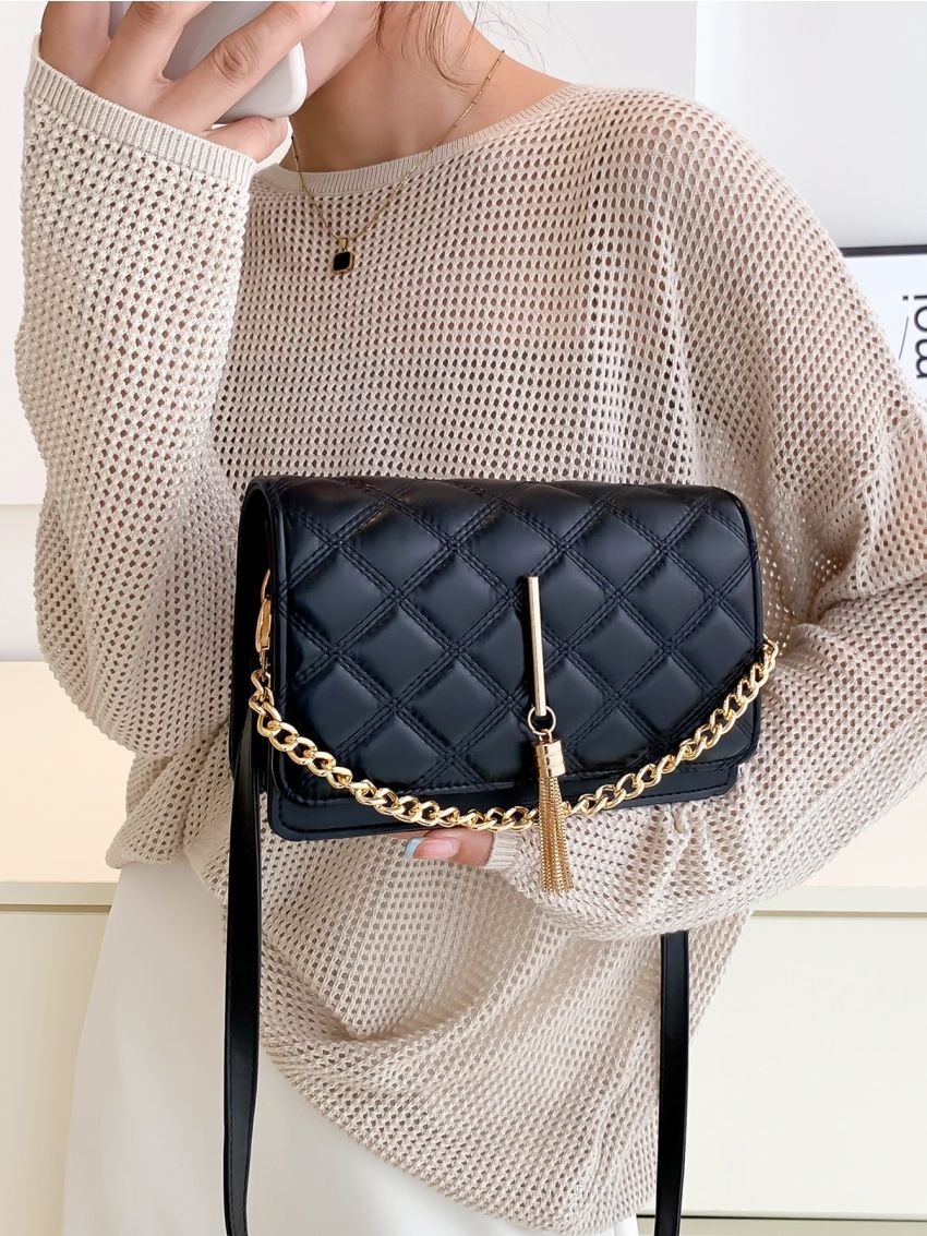 Quilted Tassel Decor Flap Square Bag