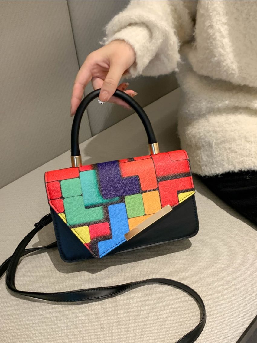 Geometric Pattern Irregular Flap Square Bag