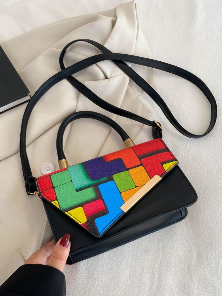 Geometric Pattern Irregular Flap Square Bag