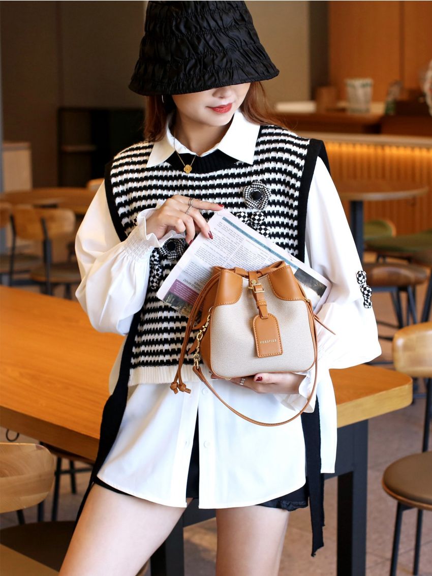 Mini Letter Graphic Drawstring Design Bucket Bag