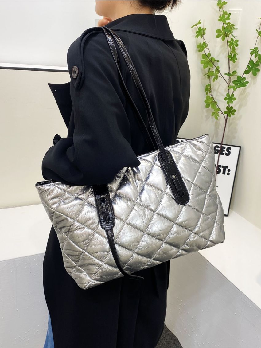 Metallic Quilted Detail Shoulder Tote Bag