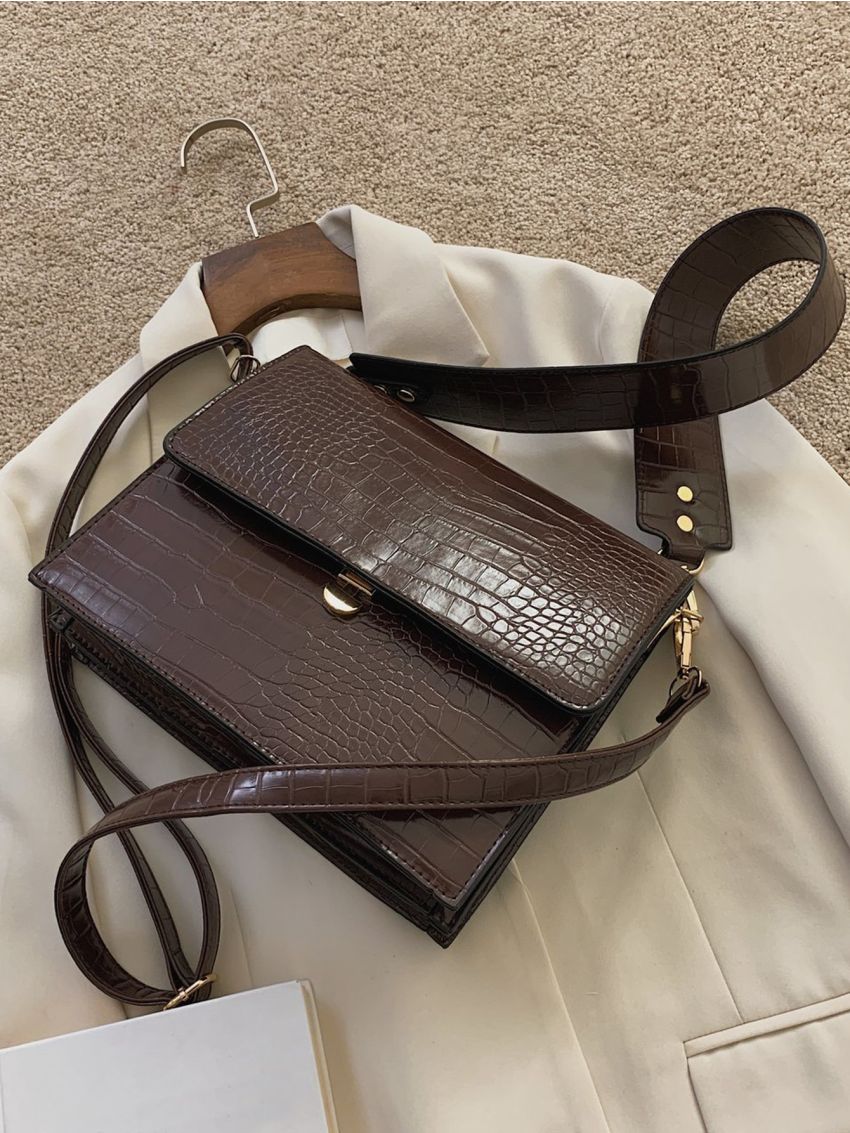 Crocodile Embossed Flap Square Bag