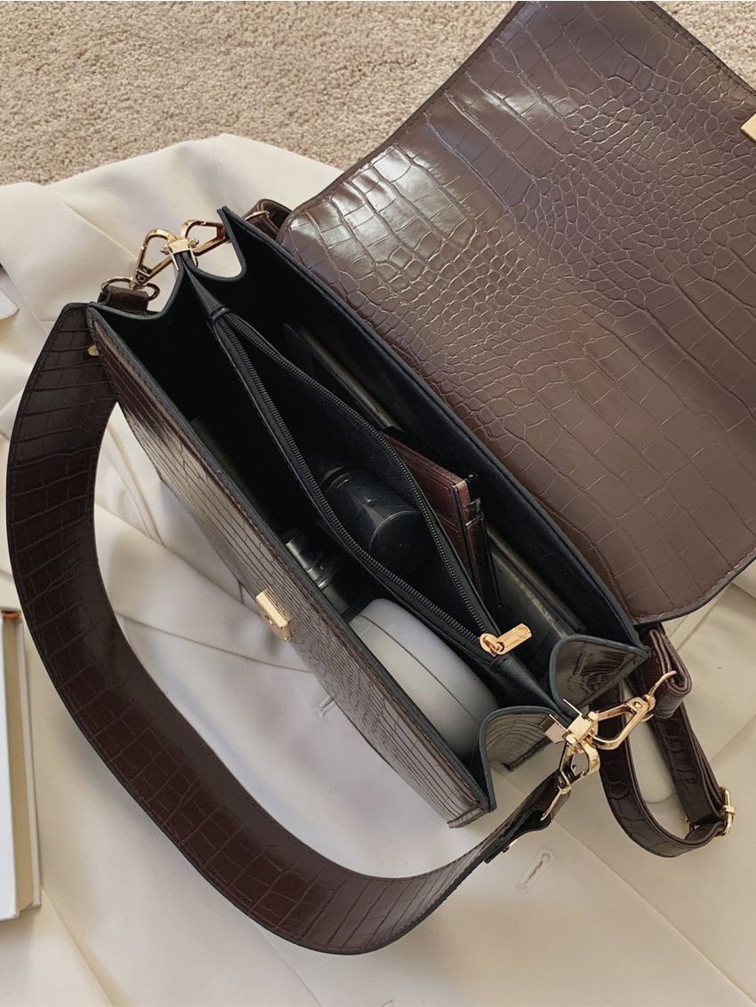 Crocodile Embossed Flap Square Bag