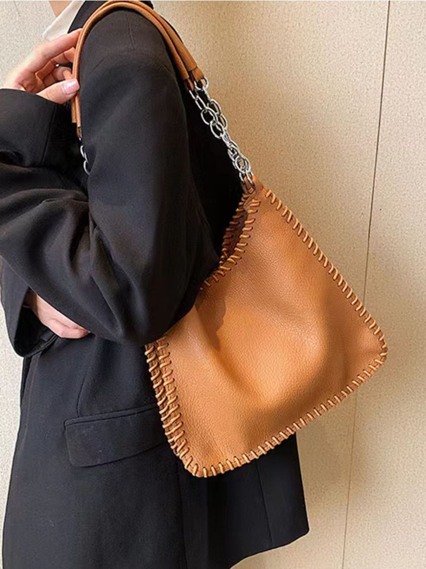 Stitch Detail Shoulder Tote Bag With Inner Pouch