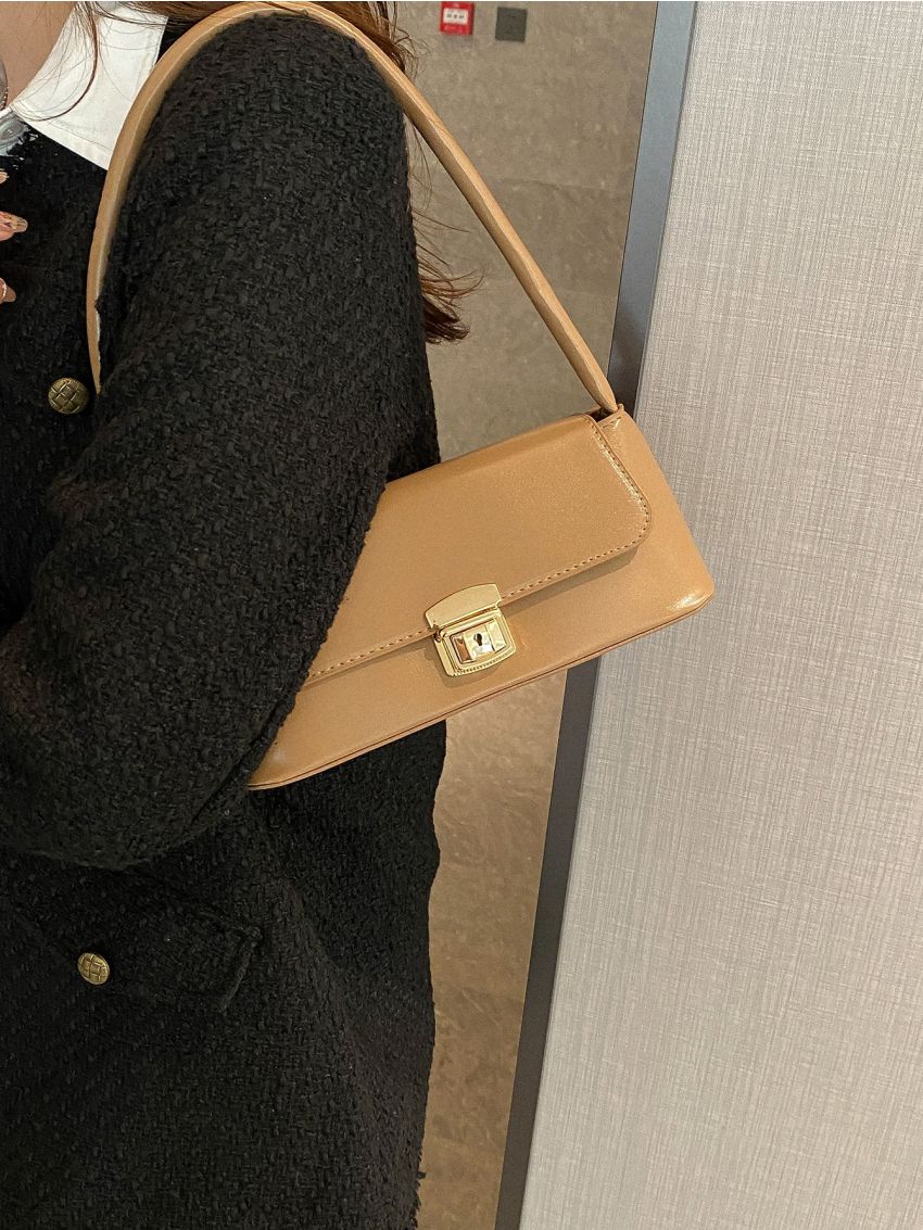 Metal Lock Flap Baguette Bag