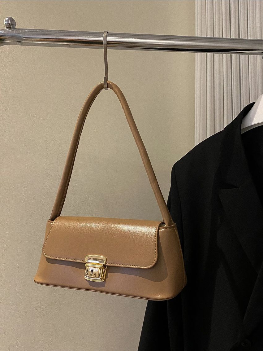 Metal Lock Flap Baguette Bag