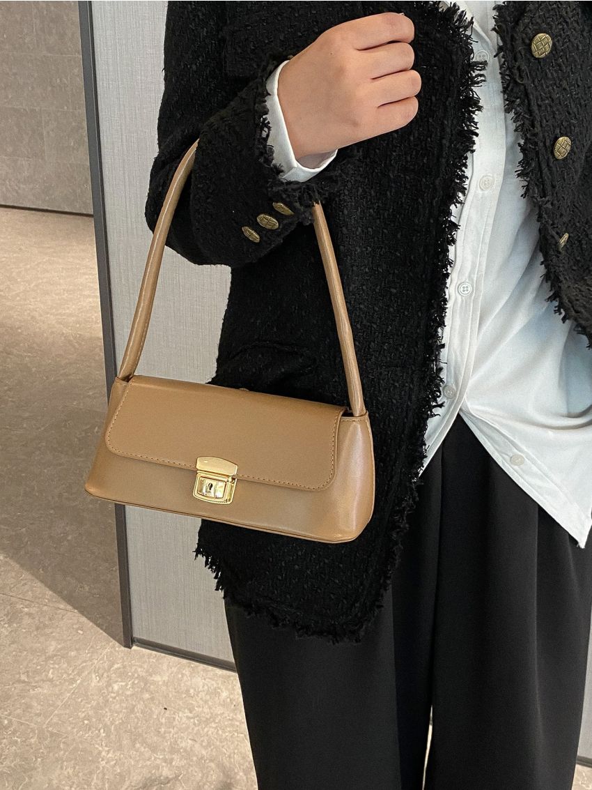 Metal Lock Flap Baguette Bag