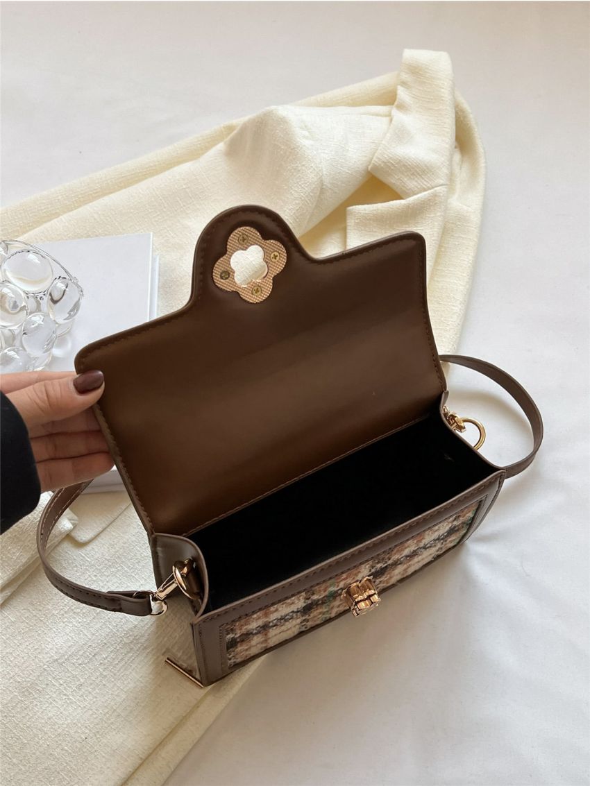 Mini Plaid Pattern Twist Lock Flap Square Bag