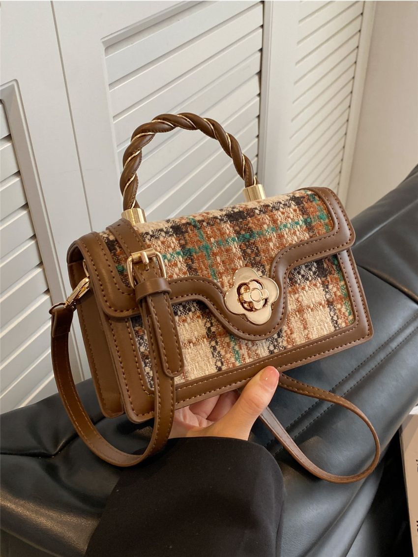 Mini Plaid Pattern Twist Lock Flap Square Bag