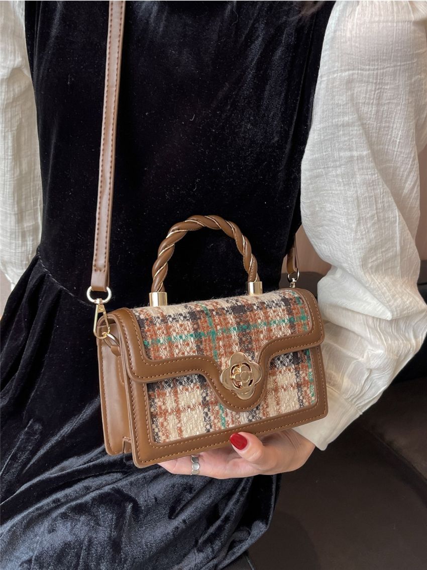 Mini Plaid Pattern Twist Lock Flap Square Bag