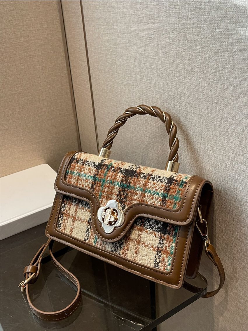 Mini Plaid Pattern Twist Lock Flap Square Bag