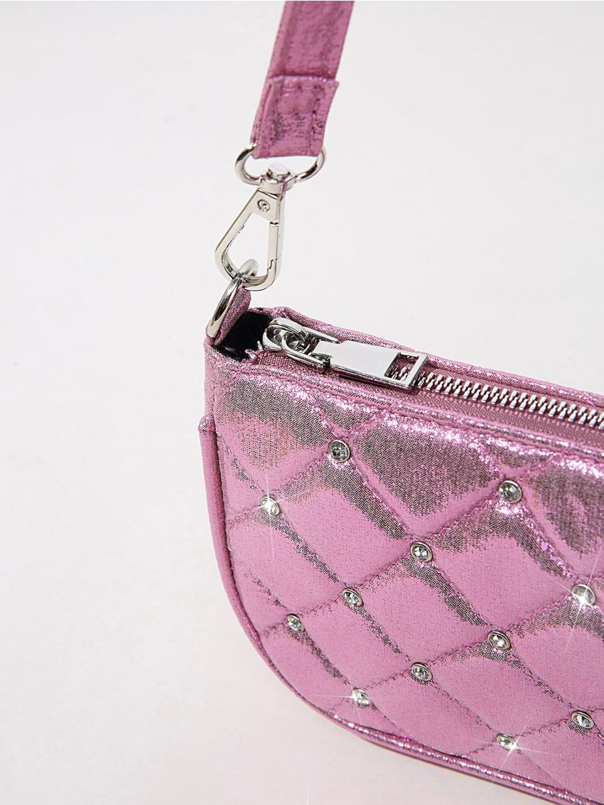 Rhinestone Decor Zipper Baguette Bag