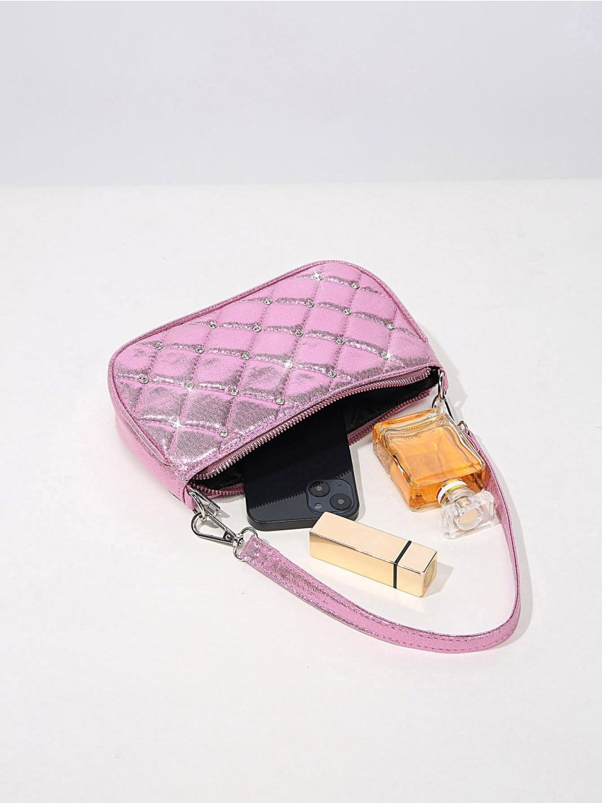 Rhinestone Decor Zipper Baguette Bag