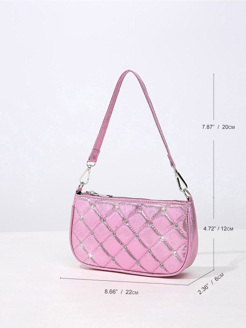 Rhinestone Decor Zipper Baguette Bag