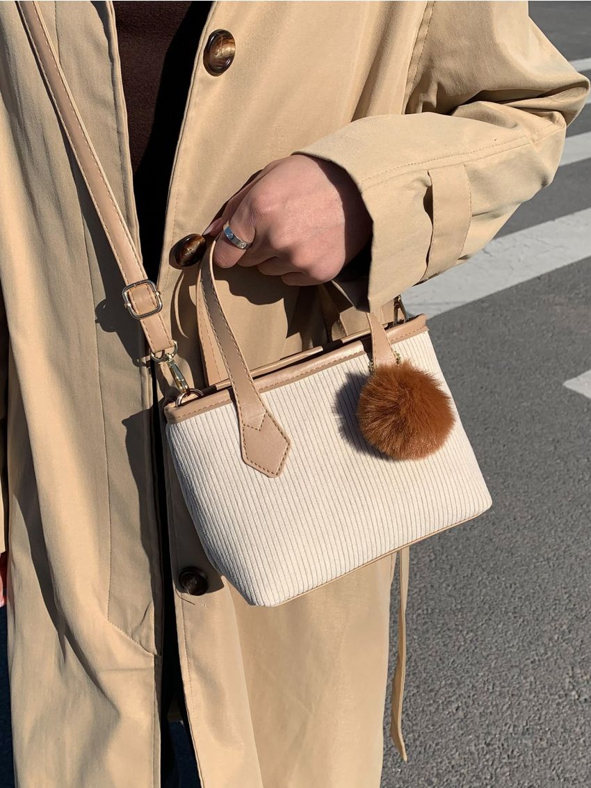 Mini Contrast Binding Corduroy Bucket Bag With Pom Pom Bag Charm