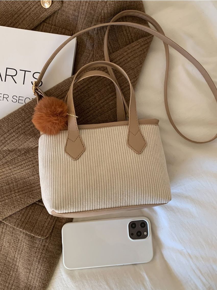 Mini Contrast Binding Corduroy Bucket Bag With Pom Pom Bag Charm