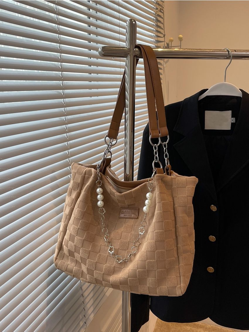 Plaid Pattern Faux Pearl & Flower Decor Shoulder Tote Bag