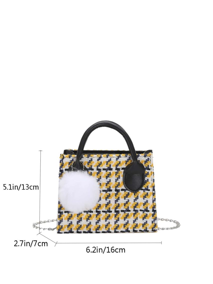 Mini Houndstooth Pattern Pom Pom Decor Chain Square Bag