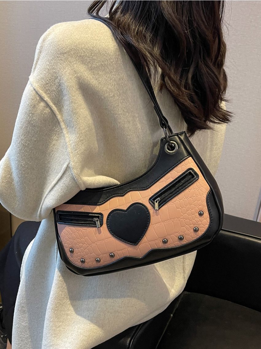 Crocodile Embossed Studded & Heart Patch Decor Hobo Bag