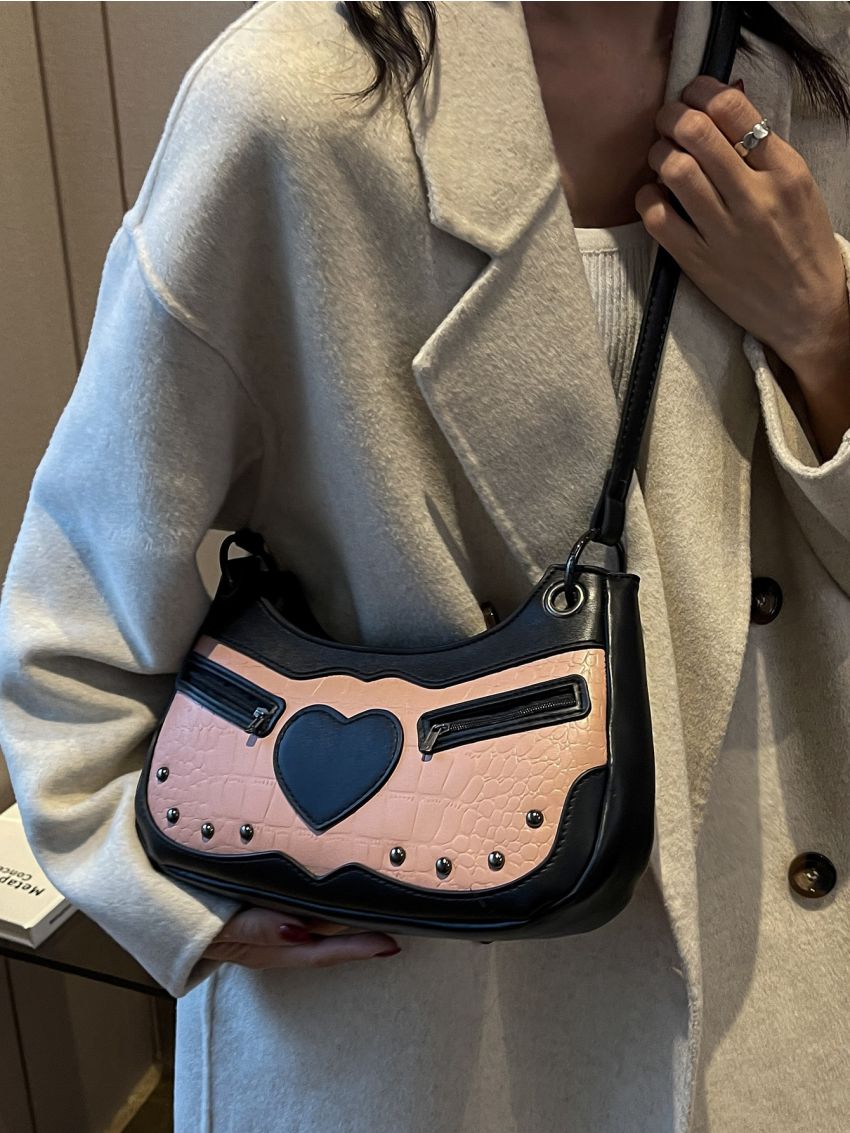 Crocodile Embossed Studded & Heart Patch Decor Hobo Bag