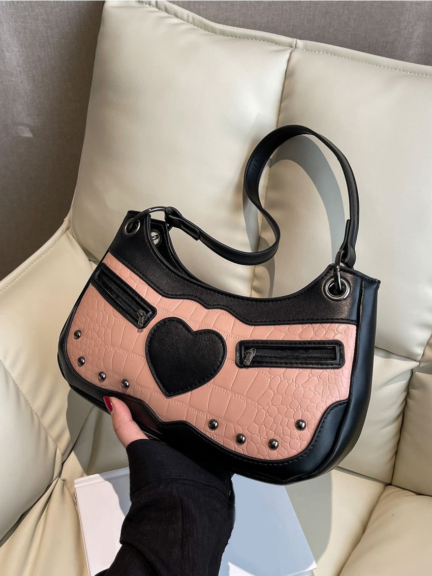 Crocodile Embossed Studded & Heart Patch Decor Hobo Bag