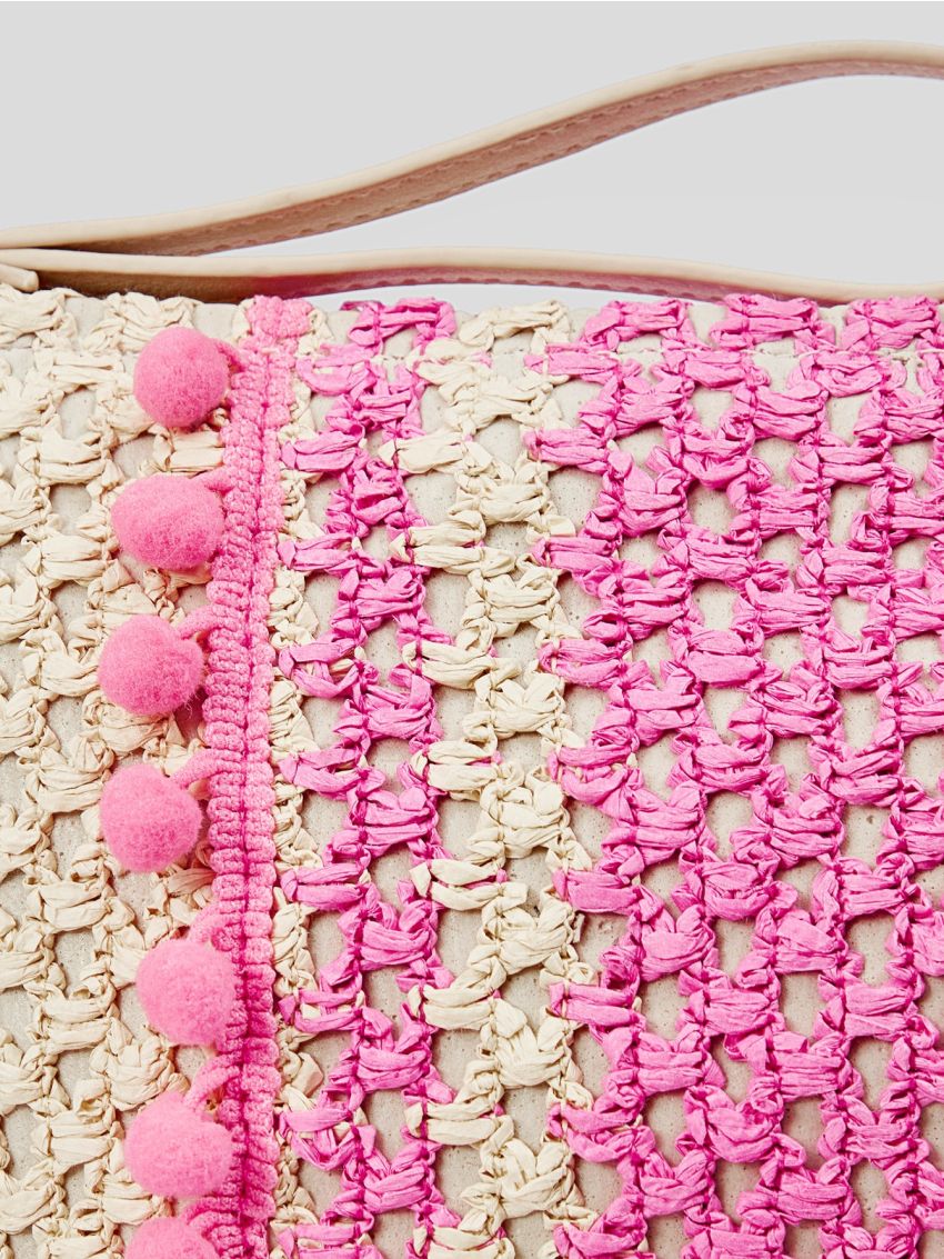 VCAY Two Tone Pom Pom Decor Straw Bag