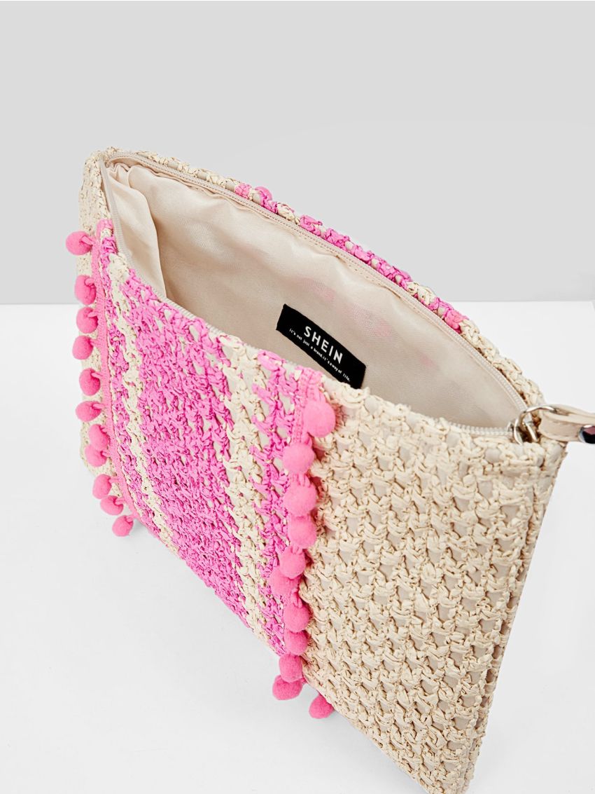 VCAY Two Tone Pom Pom Decor Straw Bag