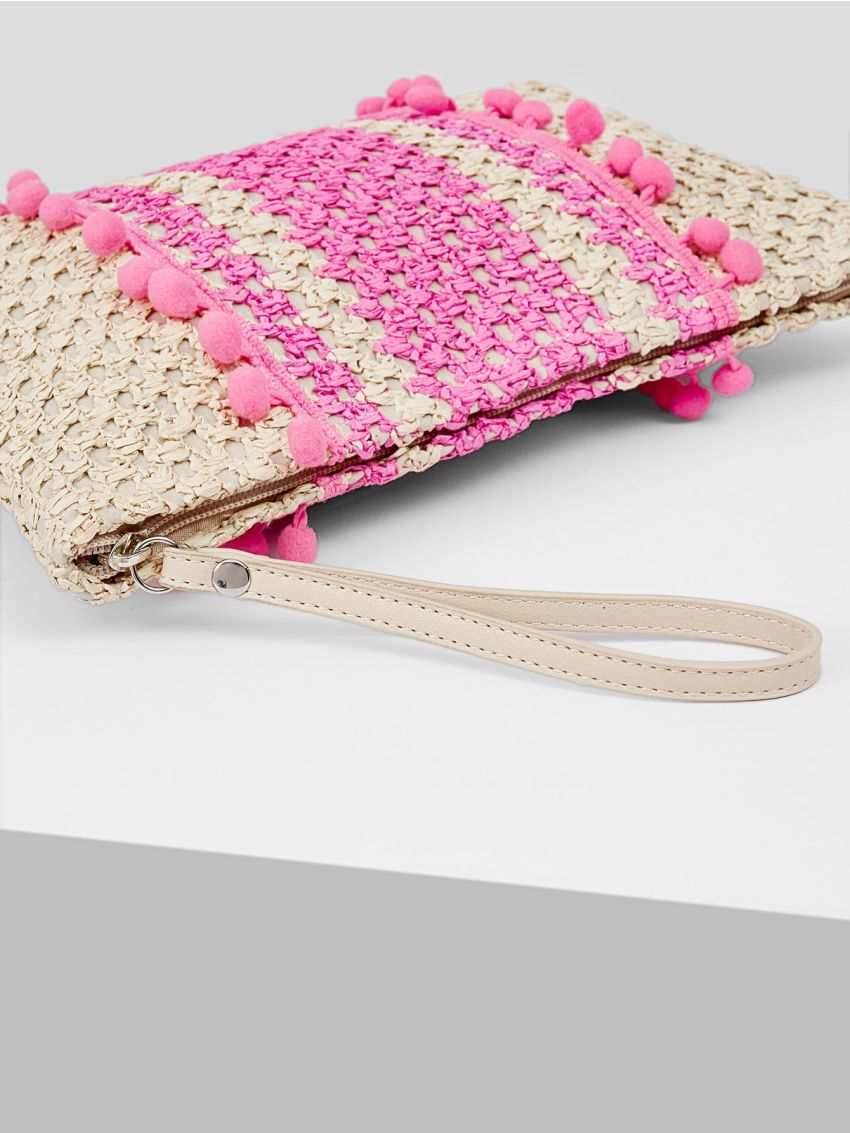 VCAY Two Tone Pom Pom Decor Straw Bag