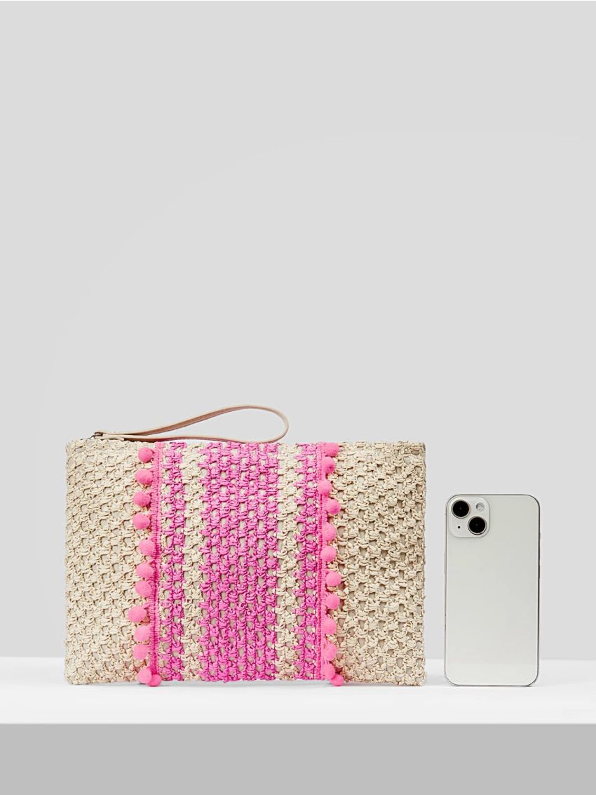 VCAY Two Tone Pom Pom Decor Straw Bag