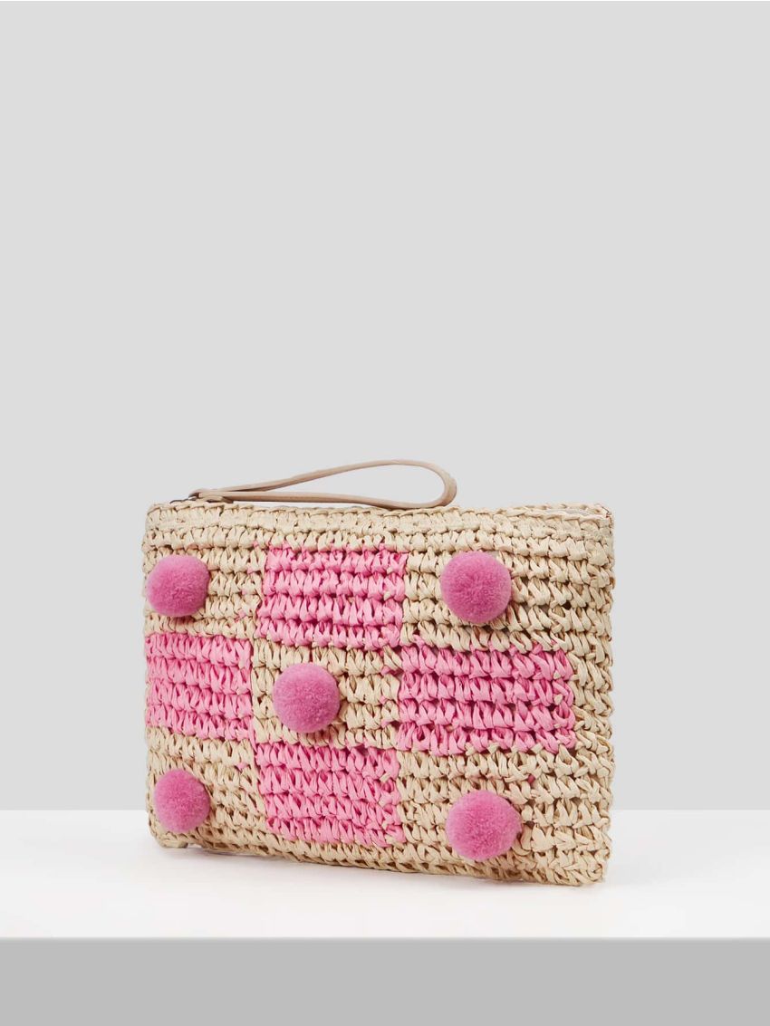 VCAY Plaid Pattern Pompom Decor Straw Bag