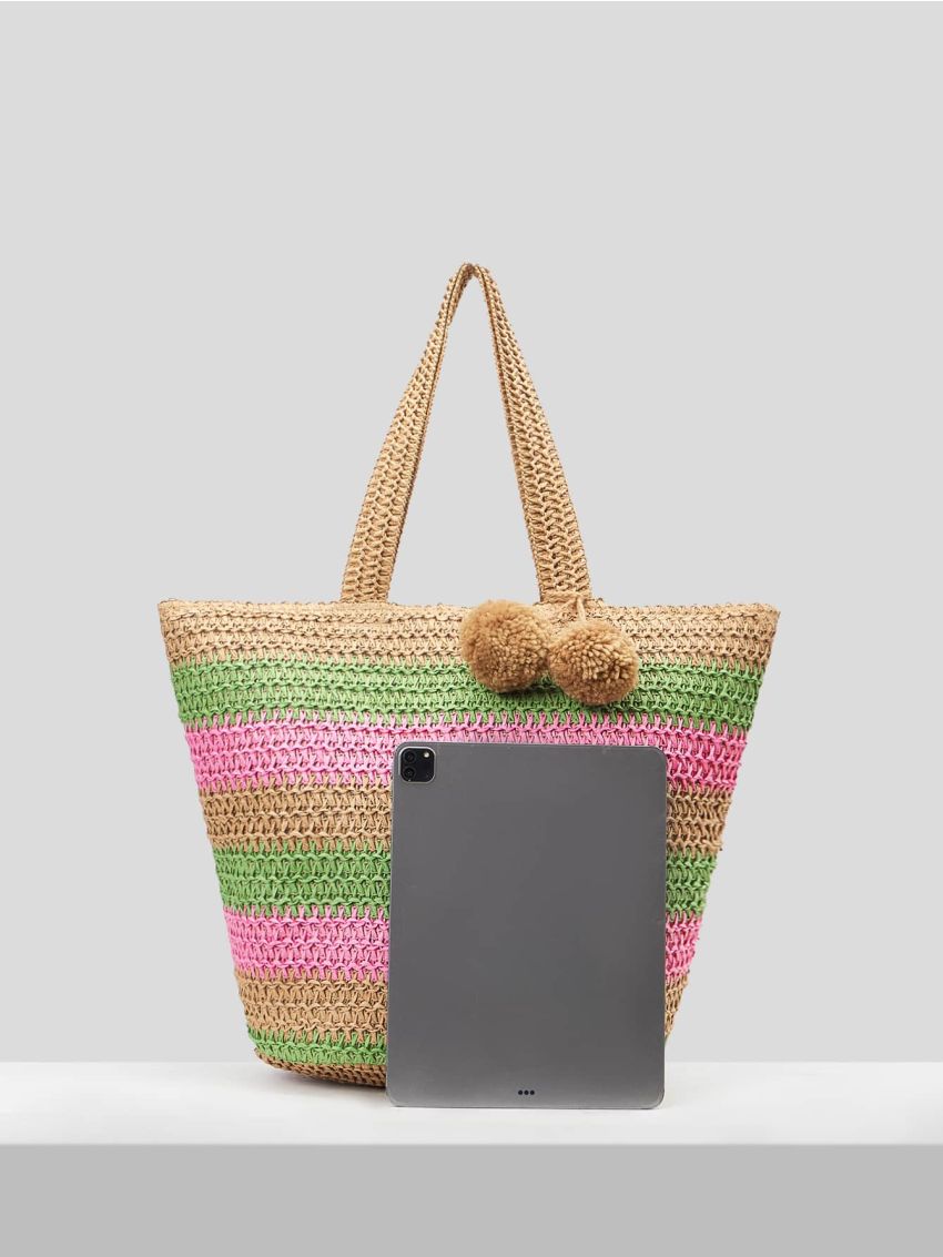 VCAY Color Block Pom Pom Decor Straw Bag