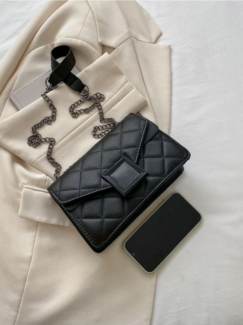 Quilted Detail Metal Decor Chain Flap Square Bag