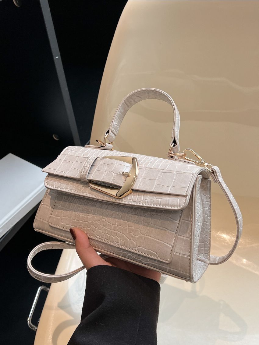 Crocodile Embossed Buckle Decor Flap Square Bag
